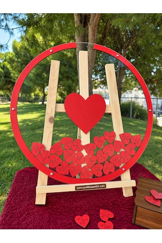 Öğretmenler Gününe Özel Kırmızı Yuvarlak Yazı Alanı Kalp Hatıra Anı Kutusu (50CM) Kalem ve Şövale Hediyeli
