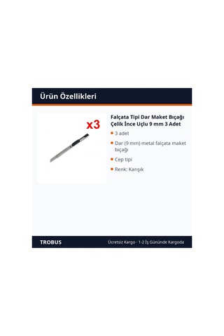 Trobus Falçata Tipi Dar Maket Bıçağı Çelik İnce Uçlu 9 Mm 3 Adet