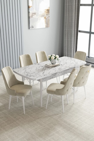 Zümra Serisi, Beyaz Mermer Desen 80x132 Açılabilir Mdf Mutfak Masası Takımı 6 Adet Sandalye Krem