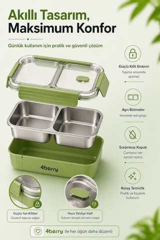 2 Bölmeli Termos Yemek Kabı Sızdırmaz Kapaklı, Paslanmaz Çelik İç Hazneli, 850 Ml - Yeşil