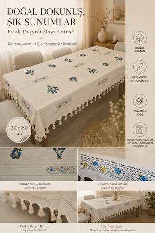 Desenli El Baskısı El Boyaması Masa Örtüsü 150x210 Beyaz