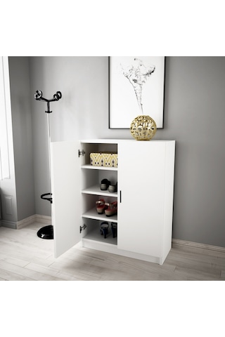 Alesta Life 2 Kapaklı 4 Raflı Ayakkabılık, Çok Amaçlı Dolap, Ayakkabı Dolabı Beyaz