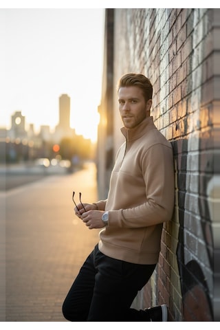 Deepsea Erkek Camel Relax Fit İçi Polarlı %100 Pamuk Yarım Fermuarlı Dik Yaka Sweatshirt 2600760 Camel