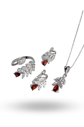 925 Ayar Gümüş Garnet Kırmızı Yaprak Tasarım Kolye Küpe Yüzük Kadın Set Gümüş