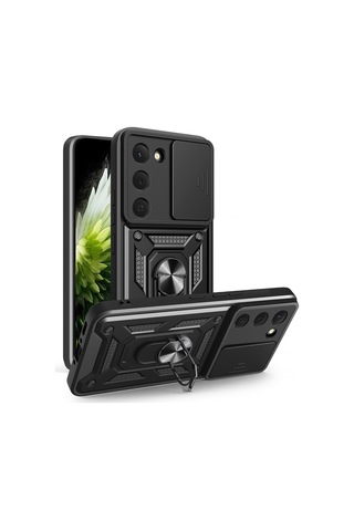 Ennar Tecno Spark 40 Pro Kılıf Magnetik Standlı Sürgülü Kamera Korumalı 360 Döner Yüzüklü Kapak Siyah