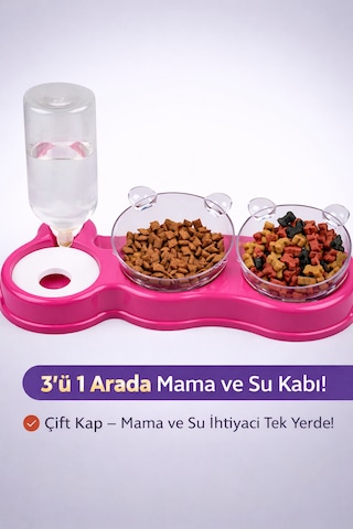 Petesia Çift Hazneli 3 Lü Kedi Ve Köpek Mama & Su Kabı Otomatik Su Hazneli, 500 Ml
