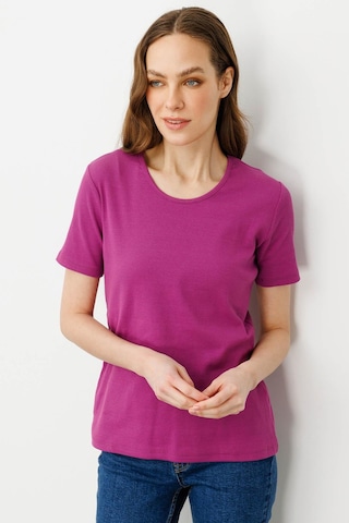 Kadın Sıfır Yaka Kısa Kol Pamuk Kaşkorse T-shirt Sıklamen pembe