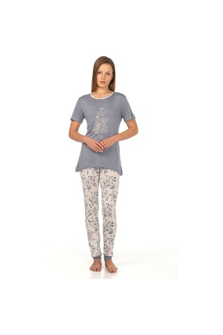 Vishenka Vıshenka Kadın Viskon Likrasız Baskılı Pijama Takımı Gri