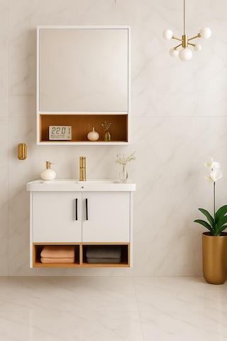 Dmz Home Concept Legna 65 Cm Banyo Dolabı Takımı Beyaz & Ahşap Mdf Seramik Lavabolu Alt Ve Üst Dolap