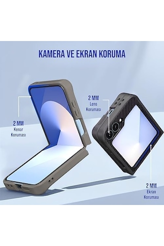 Karbon Fiber Materyal Stand Özellikli Lens Çerçeveli Ve Sararmayan Güçlü Darbe Emici Premium Kılıf Siyah, Samsung Galaxy Uyumlu Z Flip 5