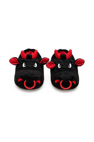 Modafocus Kızgın Boğa Figürlü Peluş Unisex Ev Pandufu - Sevgili Kombin - Siyah Siyah