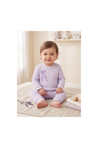 Deniva Kids Kız Bebek Lila Fitilli Kaşkorse Fiyonk Detaylı Omuzdan Çıtçıtlı Uzun Kollu Alt Üst Takım Mor