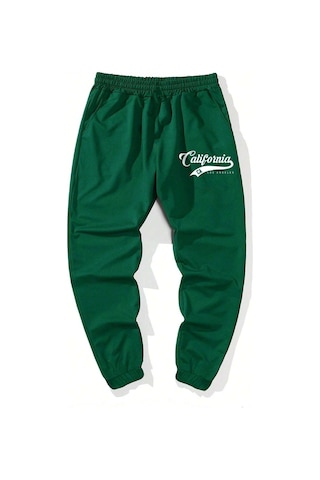 California Ca Eşofman Altı Jogger - Yeşil Baskılı Lastik Paça Yüksel Bel Yeşil