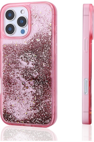 Apple Uyumlu iPhone 14 Pro Max Kılıf Sıvılı Simli Şeffaf Arka Yüzey Tchs Keto Silikon Kapak - Pembe Pembe