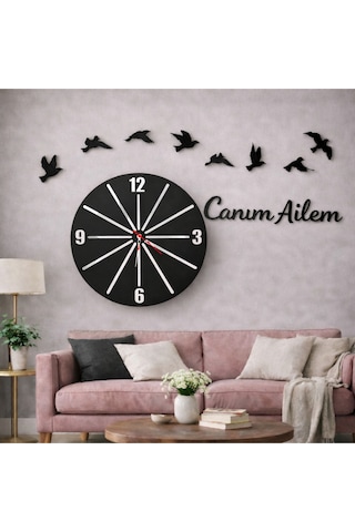 Duvar Saati 40 Cm 8 Adet Kuş Temalı Canım Ailem No99 Çok Renkli