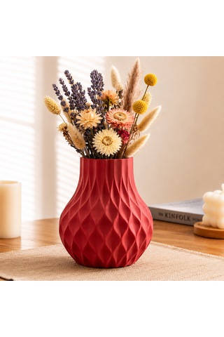 Modern Dekoratif Beyaz Vazo 15 Cm 3d Dokulu Çiçek Vazosu Pla Plastik Saksı Ve Kuru Çiçek Vazosu Ev Ofis Salon Dekoru Kırmızı