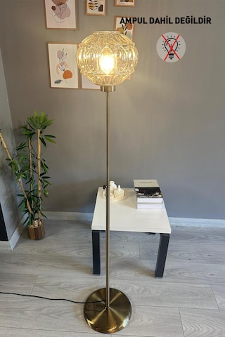 Şila Cam Bal Rengi Düz İnce Gövde Lambader Modern Oturma Odası Natural