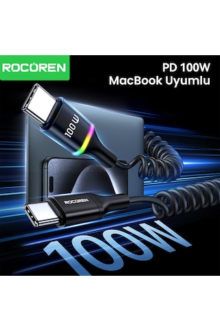 Rocoren 100w 5a E-marker Çipli Spiral Type-c To Type-c Hızlı Şarj Ve Data Kablosu 1.6 Metre