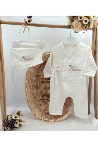 Gros Shop 4 Katlı Müslin 2'li Kimono Bağcıklı Tulum %100 Pamuk Organik Kişiye Özgü İsimli Nakış Desenli Ekru
