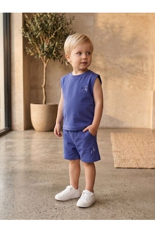 Zekids Erkek Bebek Pamuklu Kolsuz T-shirt Şortlu Takım-17335 Mavi