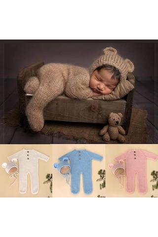 Born Fotoğraf Sahne Kıyafetleri Tiftik Ayı Şapka Romper Bodysuit Bebek Fotoğraf Çekimi Kıyafetler Bebekler İçin Destek Beyaz Beyaz