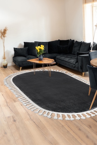 DijiDekor Koyu Gri Oval Post Dokuma Halı Saçaklı Peluş Yumuşacık Kaymaz Antibakteriyel