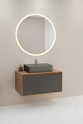 Osloorz 90 Cm Antrasit Lavabolu Banyo Dolabı Orz Aynalı - Kaman Ceviz / Antrasit Kaman Ceviz