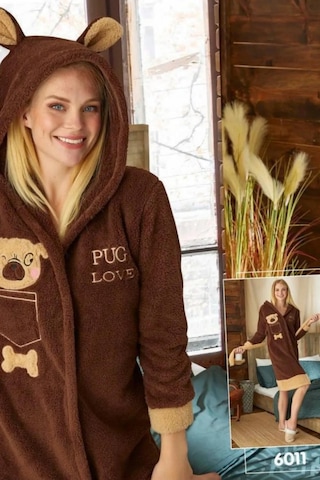 Modalove 6011 Kahverengi Polar Kadın Sabahlık Çok Renkli