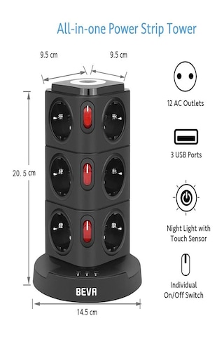 Kule Tipi 3xusb, 12'li Akım Korumalı Priz, Soket 10watt Wireless
