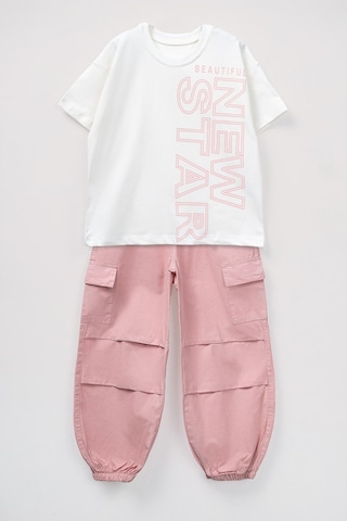Aden Kids Kaz Tüğü Kumaş Oversize Pantalon İle Kombin Alt Üst Takım Ekru - Somon