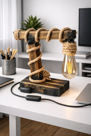 Yediotuz Woodylight Rustik El Yapımı Masif Ahşap Masa Lambası - Retro Edison Tasarım Dekoratif Gece Lambası Açık Ahşap