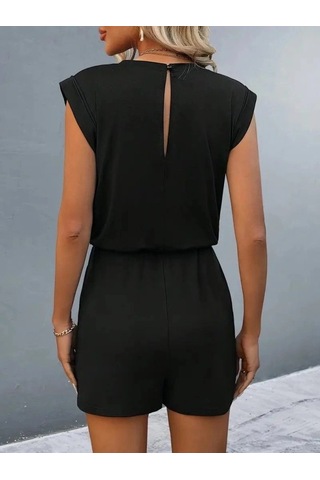 DefyModa Kadın Kısa Kollu Vatkalı Belden Bağcıklı Kısa Viskon Tulum Siyah