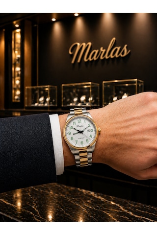 Marlas Çelik Kordon, Su Geçirmez Sarı Beyaz Erkek Kol Saati Altın