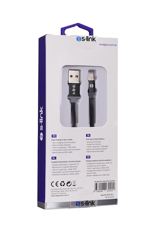 S-Link Swapp SW-C603 1m 2A Apple iPhone Uyumlu Lightning Siyah Şarj Kablosu