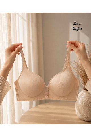 Intive Comfort Taşlı V Aksesuarlı Parlak Kumaşlı C Cup Lazer Kesim İthal Sütyen-geniş Renk Seçenkli Bej