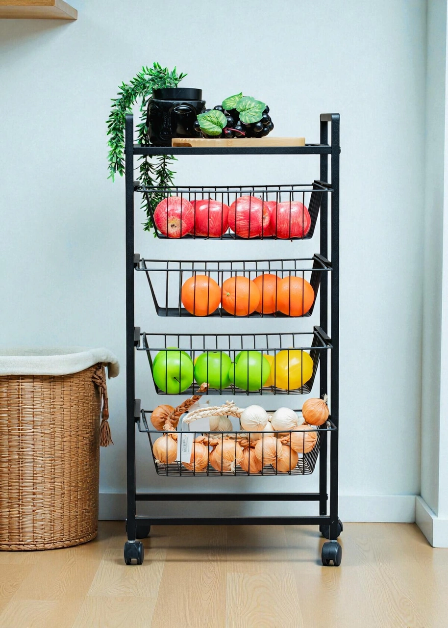 Dekoratif Siyah Metal Sebzelik Tekerlekli 4 Raflı Tel Sepetli Çok Amaçlı Stand Siyah