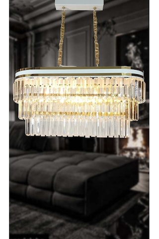 Beyaz Şeritli 70x30 Cm Lik Kristal Taşlı Lüks Avize - Yatak Odası - Salon - Mutfak - Hol Altın
