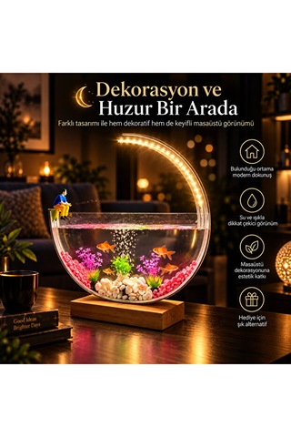 Led Işıklı Dekoratif Masaüstü Akvaryum Yarım Ay Tasarım Hava Kabarcıklı Balık