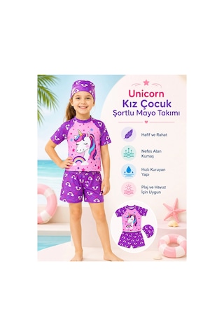 Rony Pony Kids Kız Çocuk 3 Lü Plaj Takımı Deniz Kızı Desenli Mayo Seti Bone Şortlu Mor Pembe