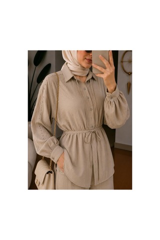 Hira Life Fashion Kadın Kolu Taş Detaylı Bel Bağlamalı Salaş Keten Gömlek Pantolon İki 'li Şık Takım Bej Bej