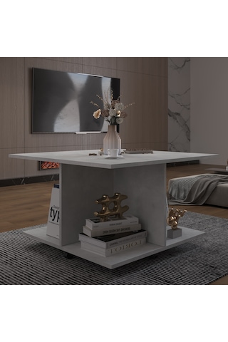 Asra Trend Kare Orta Sehpa OS002 %100 MDF Tekerlekli 4 Bölmeli Raf Takımı Retro Taş
