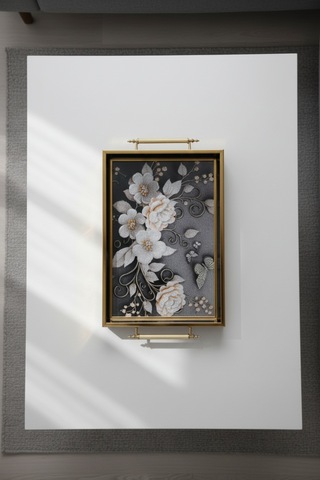 Siyah Kelebek Desenli 40x28cm Metal Kulplu Lüks Sunum Ve Servis Tepsisi
