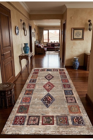 Yıkanabilir Etnik Desenli Dijital Baskı Kaymaz Kilim Kahverengi