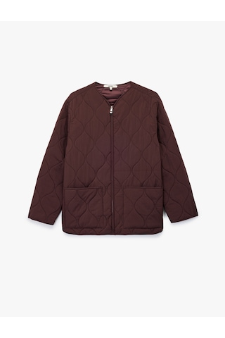 Koton Uzun Kollu Cepli Bisiklet Yaka Fermuarlı Oversize Kapitone Ceket Bordo 6wak20288ew Bordo