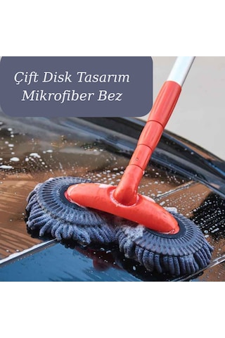 360 Dönebilen Teleskopik Mikrofiber Araba Yıkama Fırçası Çift Başlıklı Oto Temizlik Mopu Turuncu