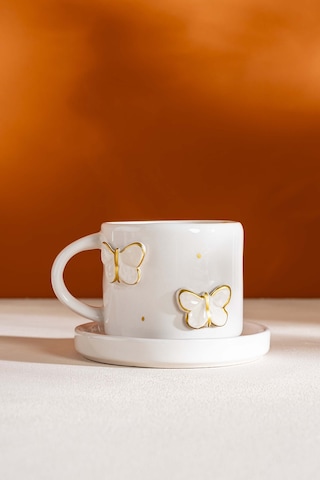 Rivaistanbul Gold Kelebek Amore El Yapımı Seramik Double Kahve Fincanı Mug Kupa Krem