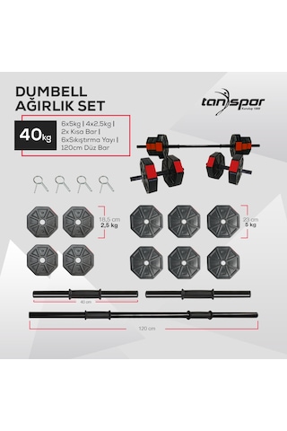 Tan Spor 40KG Dambıl Ağırlık Halter Ağırlık Kısa Bar ve 150 cm Düz Bar Seti