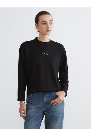 Lcw Comfort Siyah Bisiklet Yaka Nakışlı Kadın Sweatshirt