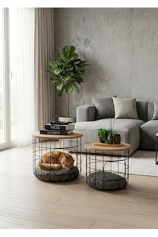 Uykula Modern 2'li Kedi Yuvalı Orta Sehpa Takımı - Antrasit Minderli Dekoratif Yan Sehpa Seti Siyah