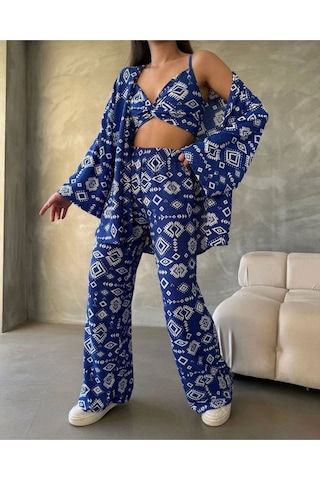 Bürümcük Kumaş Kimono Üçlü Takım Lacivert